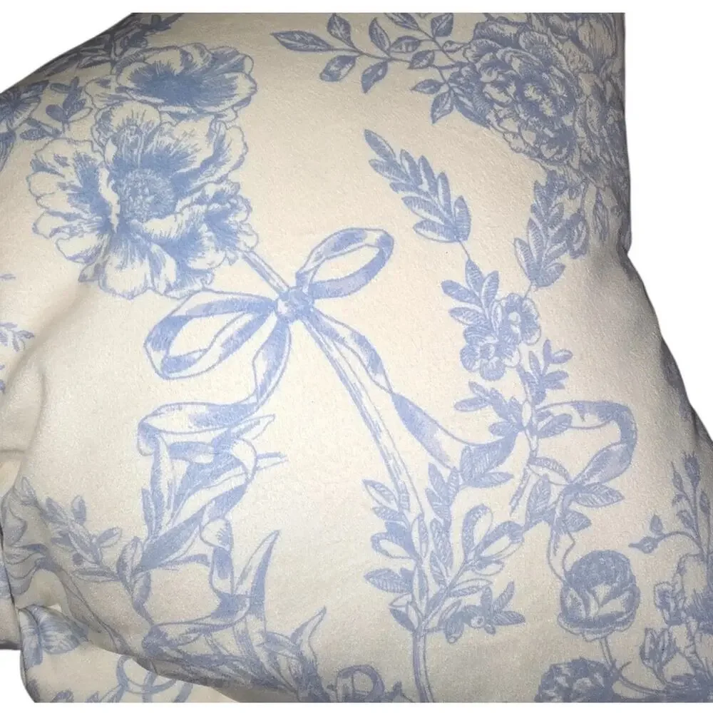 Envogue Blue Floral Toile Pattern Decor Bow Pillow Viral Coquette Cottagecore